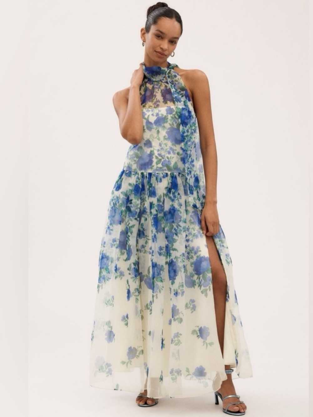 BHLDN Kendall High-Neck Scarf Floral Organza Maxi Dress
